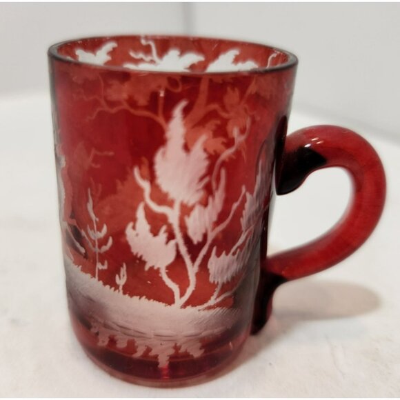 Vtg Set of 4 Bohemian Flash Glass Red Etched Deer Miniature Shot Mugs 1.75" Tall - Picture 5 of 12